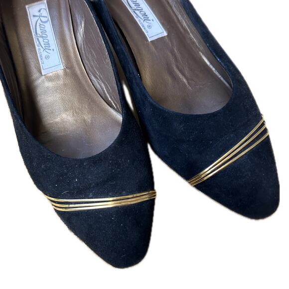 Vintage 1980s Black Suede Heels Gold Trim Made in Italy / size 8 Narrow - Picture 3 of 4